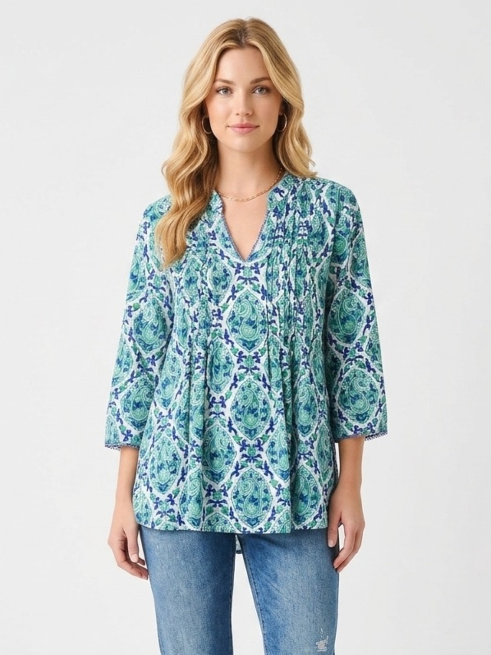 Roberta Roller Rabbit Amanda Paisley Pintuck Cotton Tunic Blouse Green Blue XL